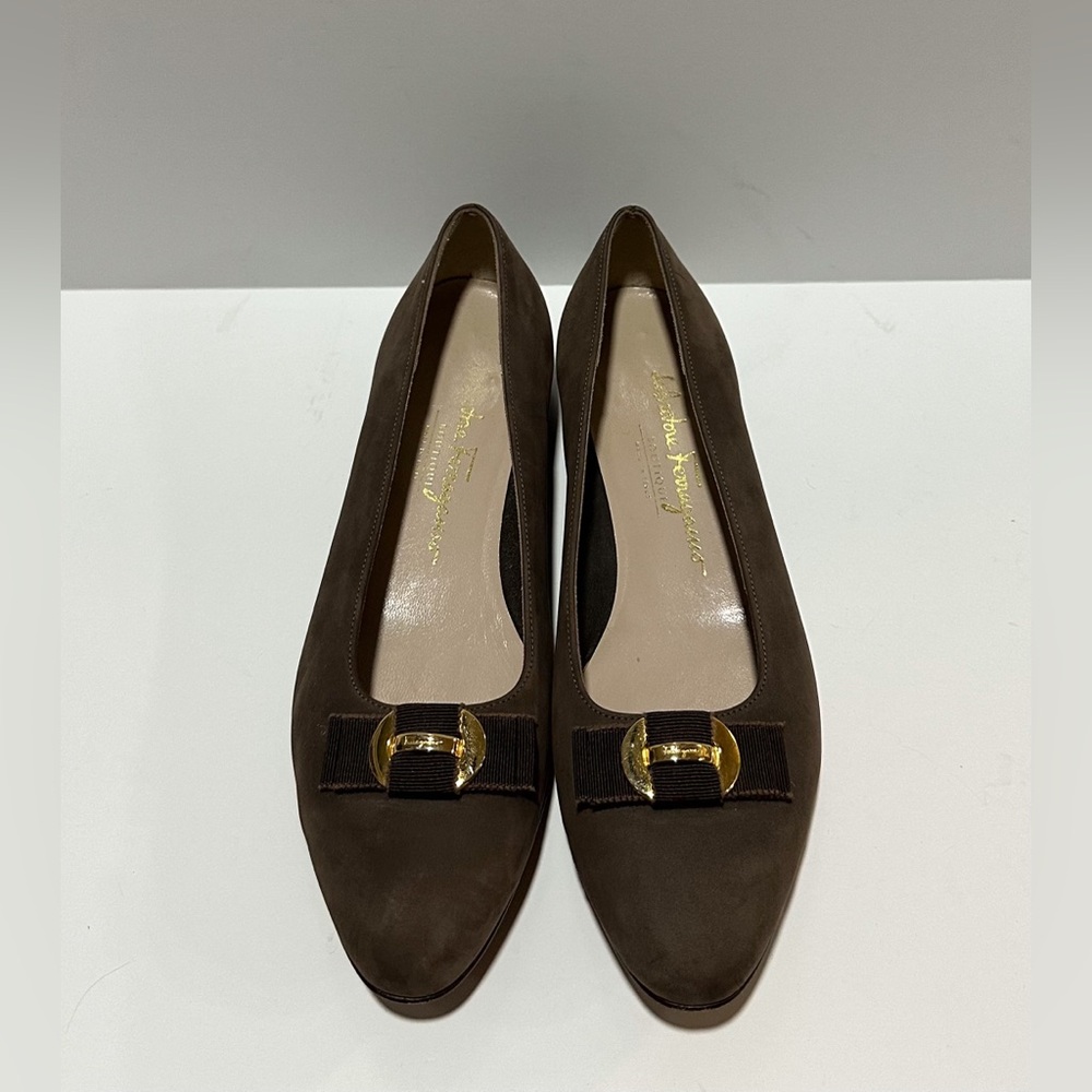 Salvatore Ferragamo Brown Suede Bow Accent Flats size 8